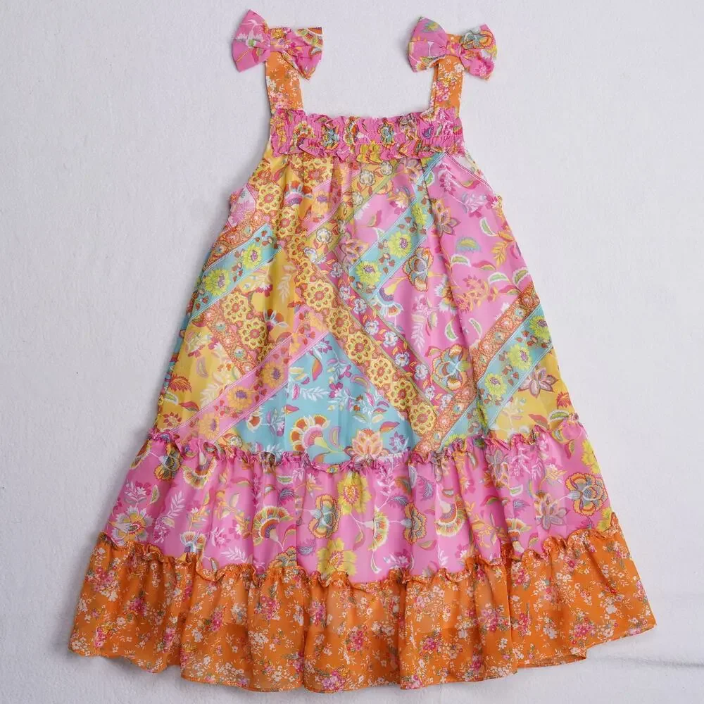Girls Patchwork Tiered Sundress Pink Orange Floral Paisley Bow Straps Size 7
